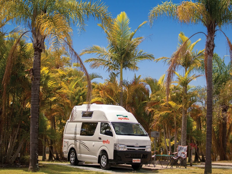 Een witte camper geparkeerd tussen palmbomen, met een opklaptafel en stoelen ernaast onder een blauwe lucht
