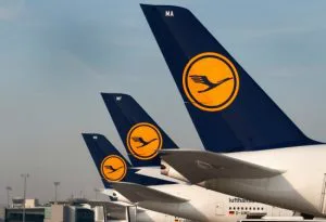 Staartstukken van Lufthansa-vliegtuigen op een rij, met het kenmerkende gele logo van een kraanvogel op een donkerblauwe achtergrond, geparkeerd op het vliegveld.