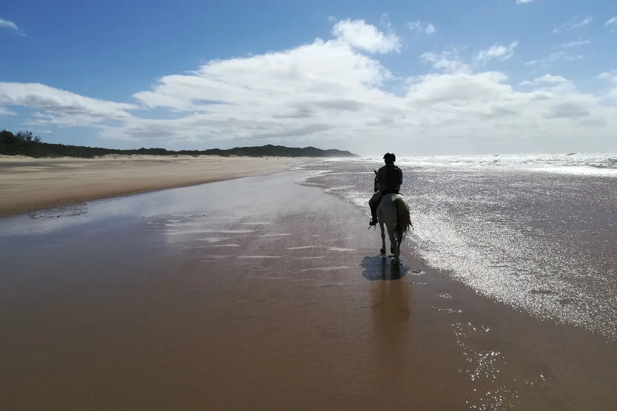 Persoon te paard rijdt langs de waterlijn over een breed en rustig strand met zee en wolkenlucht op de achtergrond.