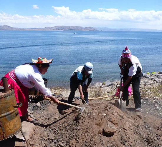 Lokale bewoners aan het werk met traditionele gereedschappen aan de oever van het Titicacameer, met bergen en blauwe lucht op de achtergrond.