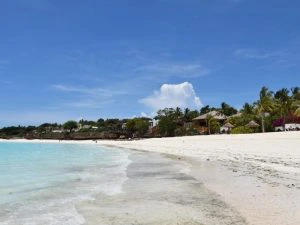 Breed zandstrand met turquoise zee en enkele vakantiehuisjes en palmbomen langs de kust onder een heldere blauwe lucht.