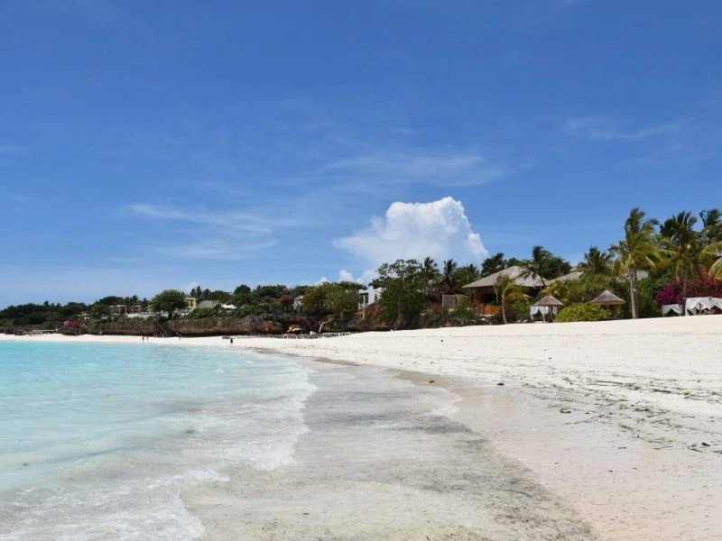 Breed zandstrand met turquoise zee en enkele vakantiehuisjes en palmbomen langs de kust onder een heldere blauwe lucht.