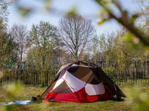Kleurrijke koepeltent op een open grasveld, omringd door jonge bomen en een houten hek, met een helderblauwe lucht op de achtergrond.