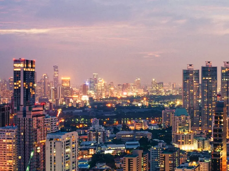 Uitzicht over een grote stad bij schemering, met hoge gebouwen en fonkelende stadslichten die de avond verlichten.
