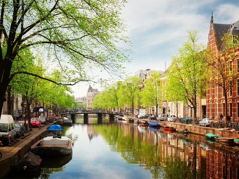 Een zonnige gracht in Amsterdam met groene bomen langs de kade, geparkeerde fietsen en boten in het water.