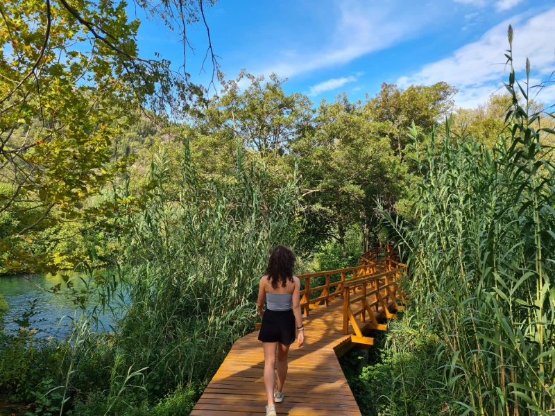 Vrouw loopt over een houten brug door weelderig groen in een natuurgebied, onder een blauwe lucht met lichte wolken.