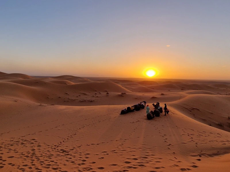 Groep mensen met kamelen rust uit op zandduinen in de woestijn tijdens zonsondergang.