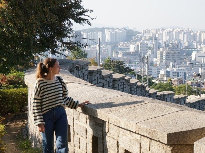 reiziger bij de Seoul city wall
