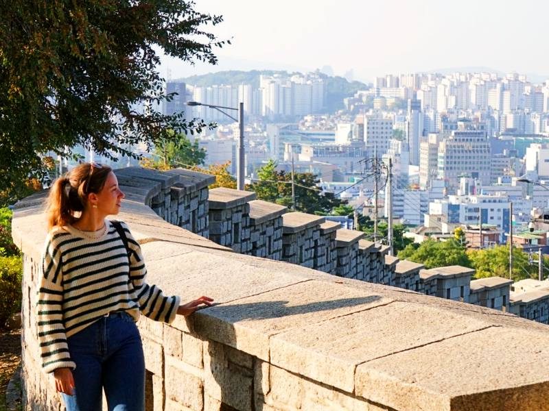Vrouw in Seoul uitkijkend over de stad
