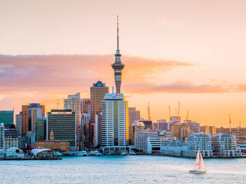 auckland nieuw zeeland zonsondergang stad wolkenkrabbers