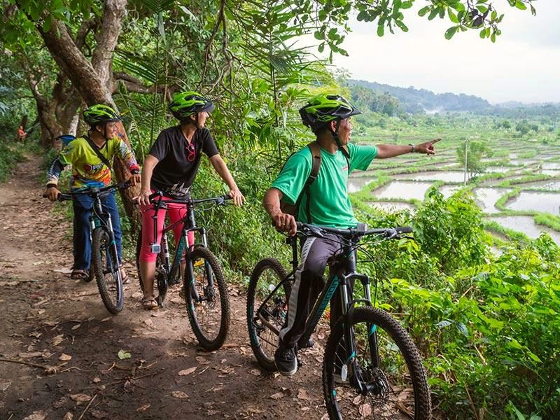 Op Bali Sibetan fietsen drie mensen op een bergachtig stuk met uitzicht op de lagergelegen rijstvelden. Een van hen wijst ernaar.