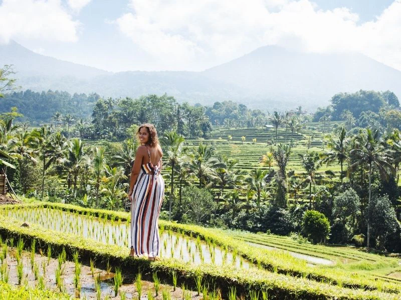 Vrouw bij rijstvelden op Bali
