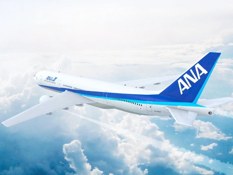 Vliegtuig van All Nippon Airways vliegend door de blauwe lucht met een paar wolken