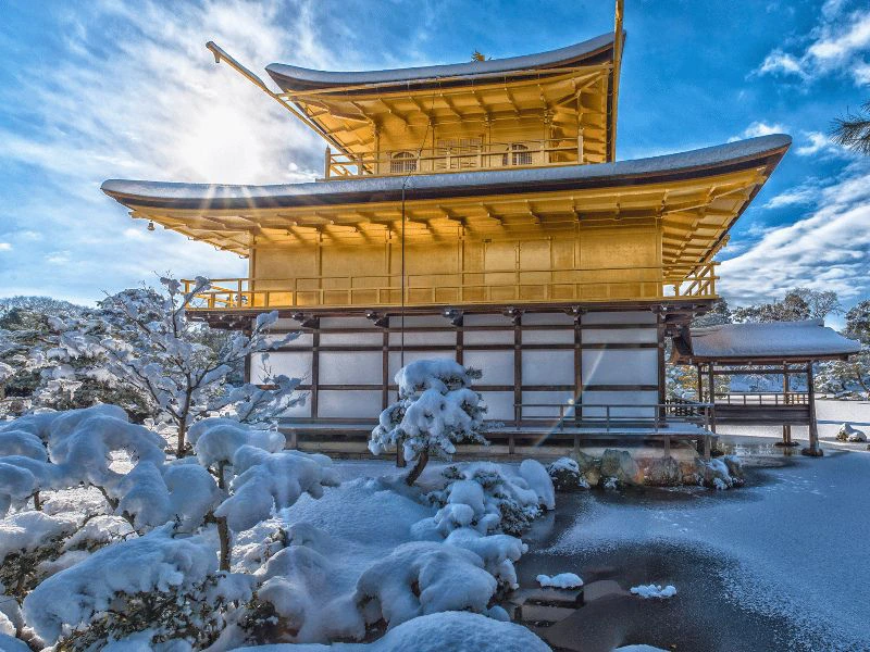 Gouden tempel bedekt met sneeuw in een sneeuwlandschap