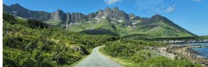 Weg door de prachtige natuur van Noorwegen met bergen op de achtergrond.