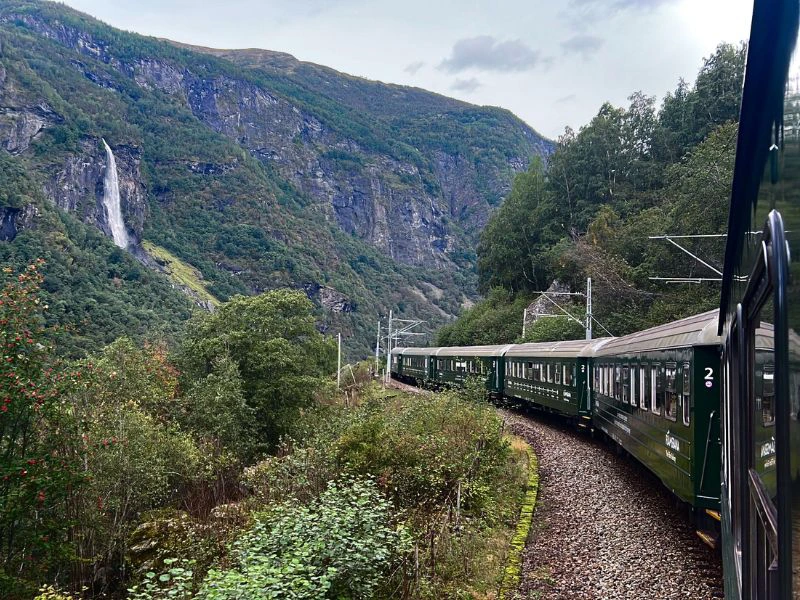 Trein rijdt door de bergen van Noorwegen