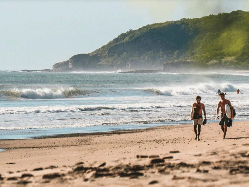 Surfers op het strand, Nicaragua