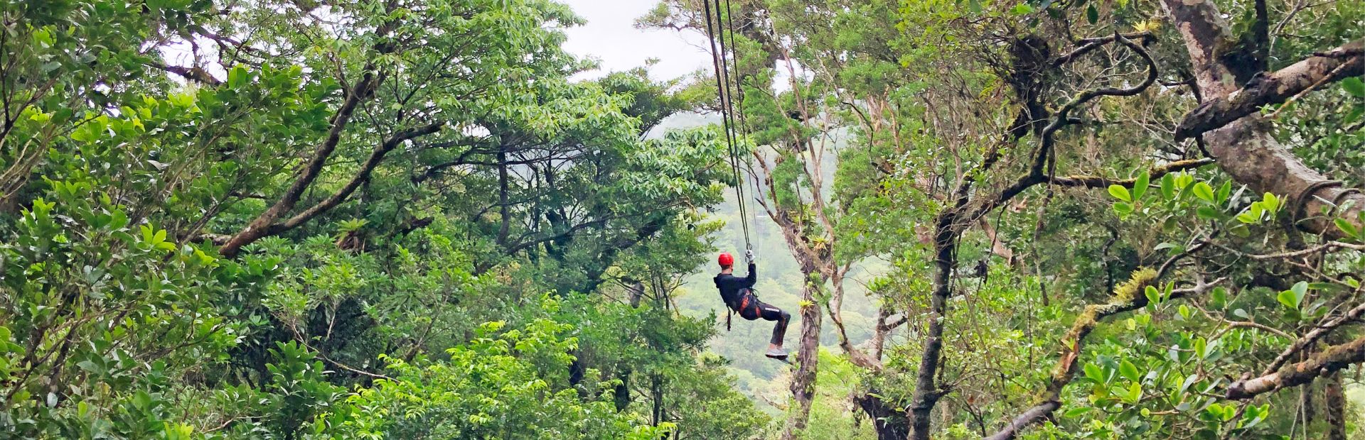 Man aan het ziplinen in Costa Rica met veel natuur om zich heen