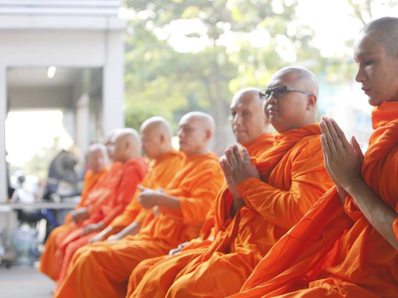 Monniken in oranje gewaden bidden buiten in een rij, met groen als achtergrond