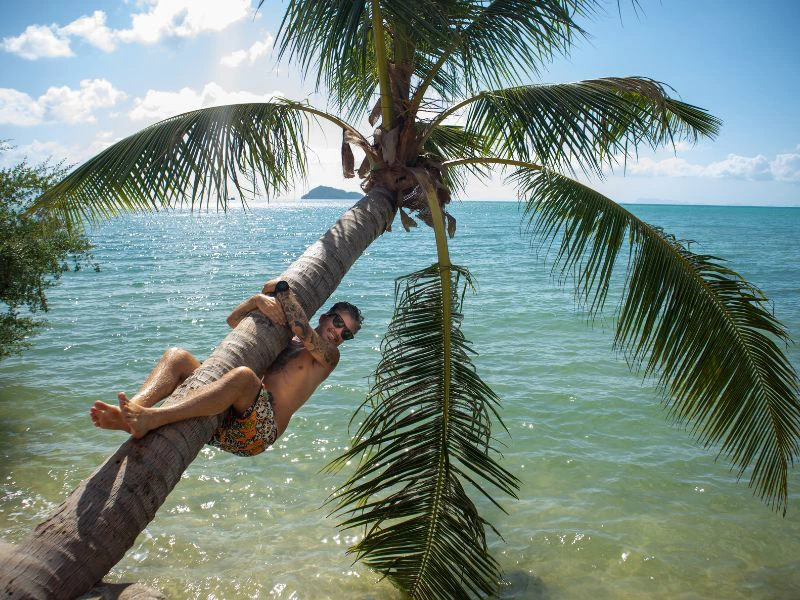 Een man in zwembroek hangt lachend in een gekromde palmboom boven helderblauw zeewater. Op de achtergrond zie je een klein eilandje en een lucht met witte wolken.