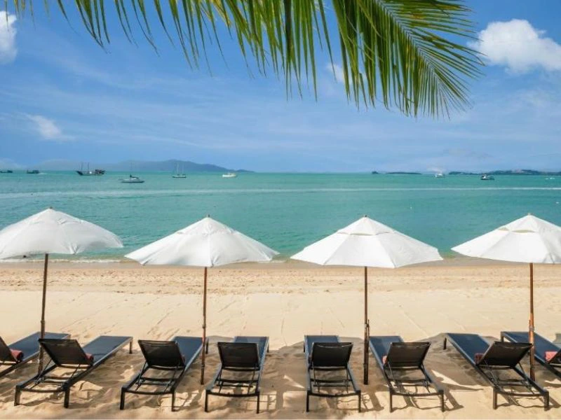 Rij zwarte ligstoelen met witte parasols op een zandstrand, uitkijkend over een turquoise zee. In de verte dobberen enkele bootjes op het water. Bovenaan het beeld hangt een palmblad dat deels in beeld is. De lucht is blauw met een paar verspreide wolken.