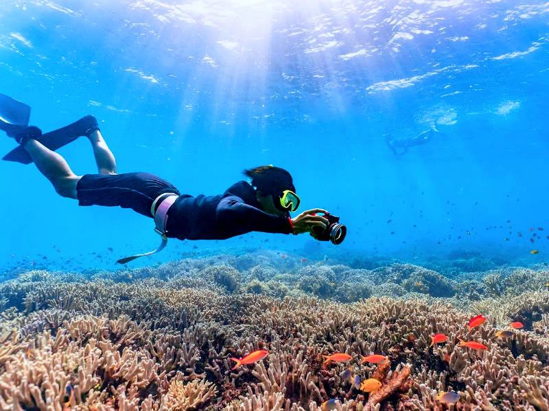 Snorkelaar met onderwatercamera boven kleurrijk koraalrif.