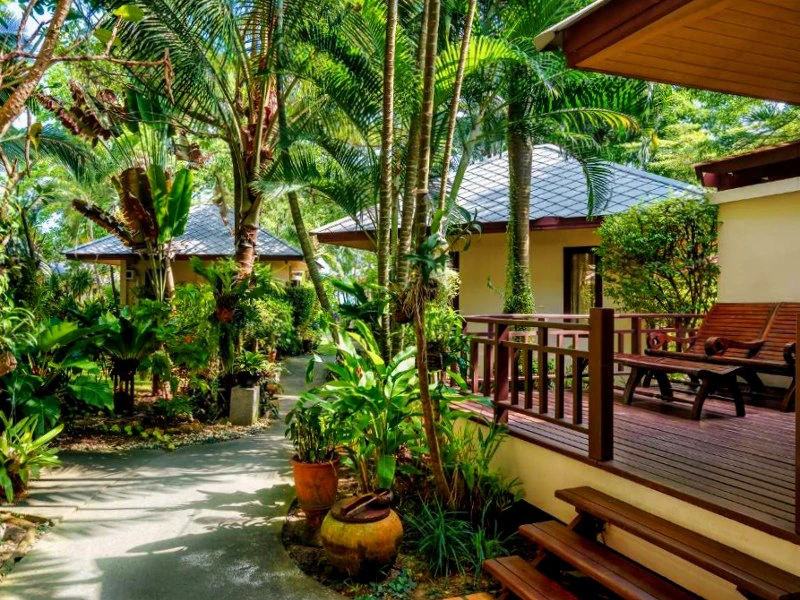 Pad tussen palmbomen en planten, met houten veranda en zitje voor lage, vrijstaande huisjes met grijs dak.