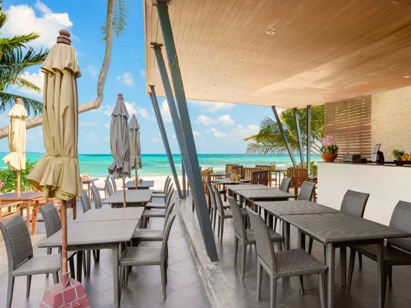 Open strandrestaurant met tafels en stoelen, uitzicht op zee en palmbomen op de achtergrond.