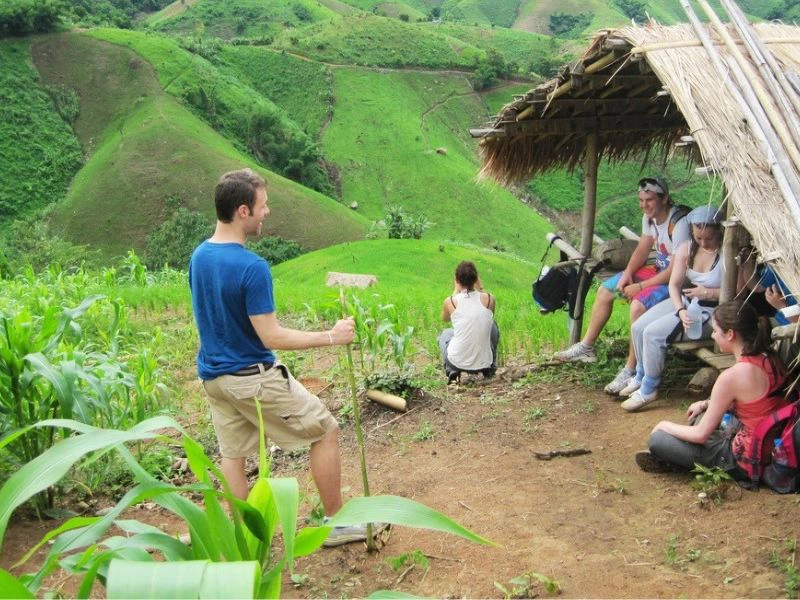 Een groep mensen rust uit onder een eenvoudig afdak van bamboe en riet, omringd door glooiende groene heuvels en jonge maïsplanten. Eén persoon staat met een wandelstok op een pad, terwijl de rest op houten bankjes zit of op de grond leunt.