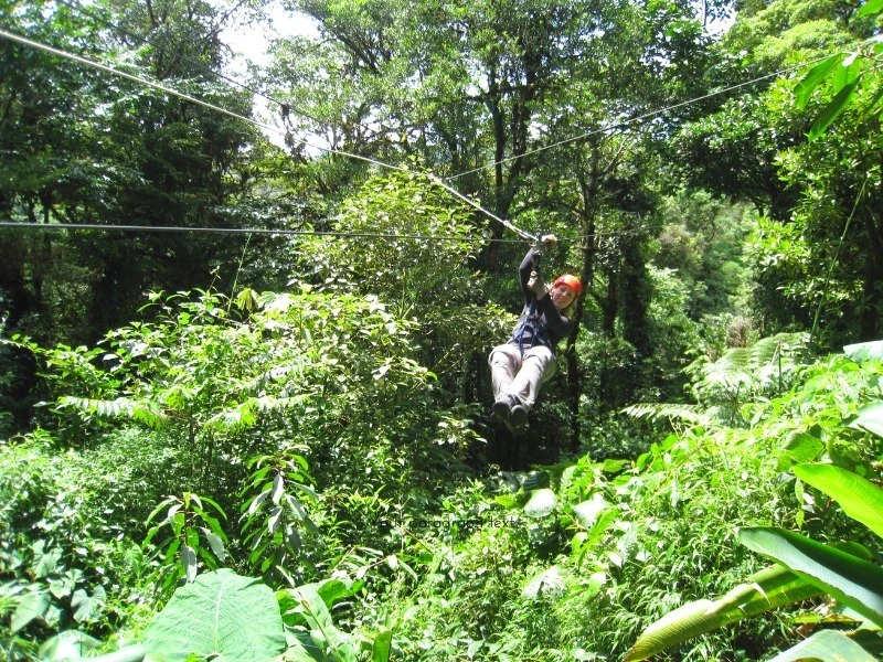 Een reiziger zoeft aan een zipline boven een dichtbegroeide, groene jungle. Met een orange helm op en beide handen aan de kabel geniet hij zichtbaar van het avontuur tussen de boomtoppen. Een echte adrenalinekick midden in de natuur.
