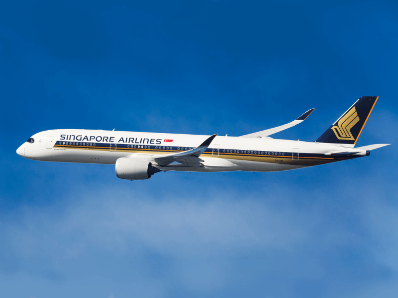 Vliegtuig van Singapore Airlines tegen een blauwe lucht.