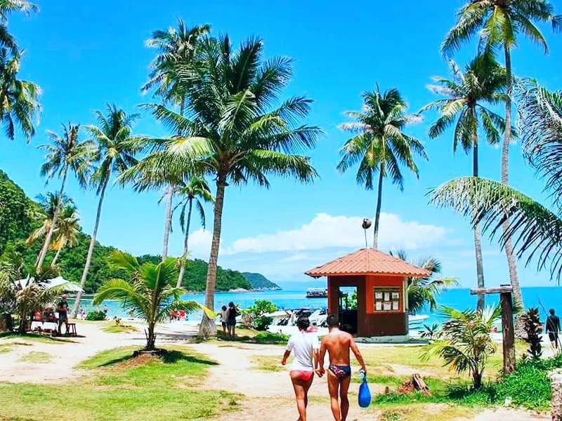 Twee reizigers in zwemkleding lopen richting een tropisch strand met palmbomen, een klein gebouwtje met rood dak en helderblauw water op de achtergrond.