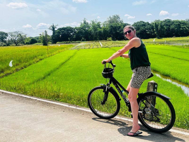 Reiziger op een fiets langs groene rijstvelden in Thailand, onder een heldere blauwe lucht. Ze maakt een fietstocht over een rustig plattelandsweggetje tijdens haar rondreis.