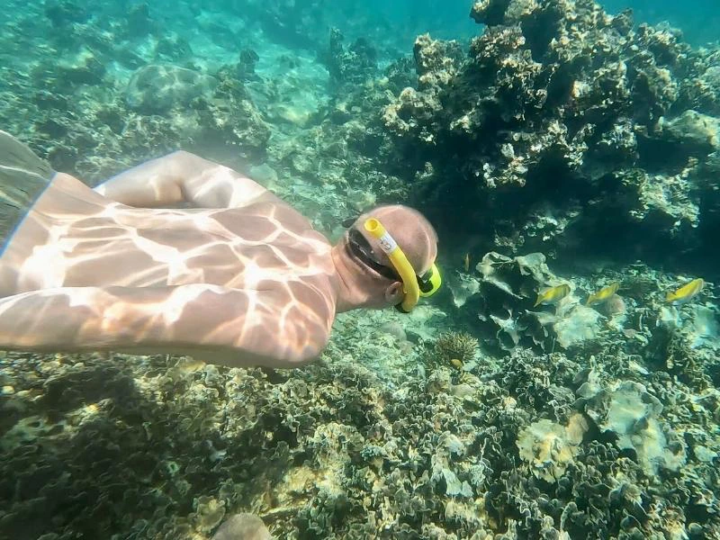 Man snorkelend in Koh Tao tussen koraal en kleurrijke vissen.