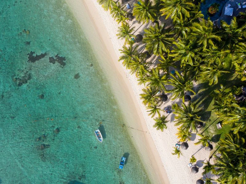 foto van bovenaf met strand, blauw water en palmbomen