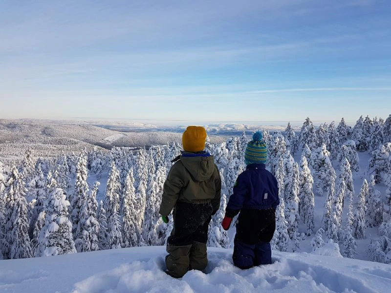 Twee kinderen kijken uit over een prachtig besneeuwd landschap.