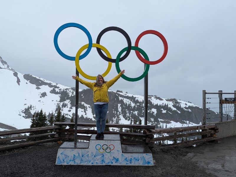 vrouw poseert voor olympische ringen