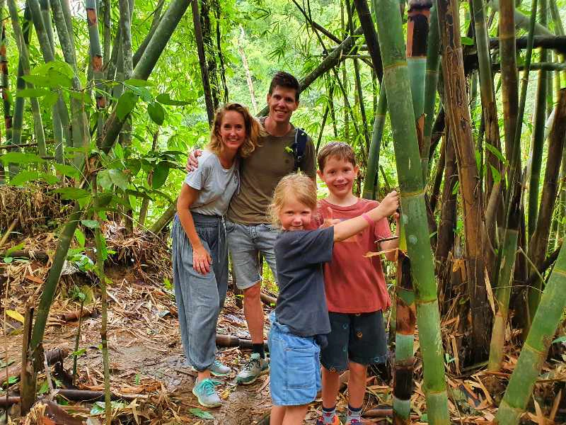 Twee volwassenen en twee kinderen staan op een pad tussen hoge bamboestammen in een dichtbegroeid bos