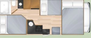 Plattegrond van de camper 's avonds