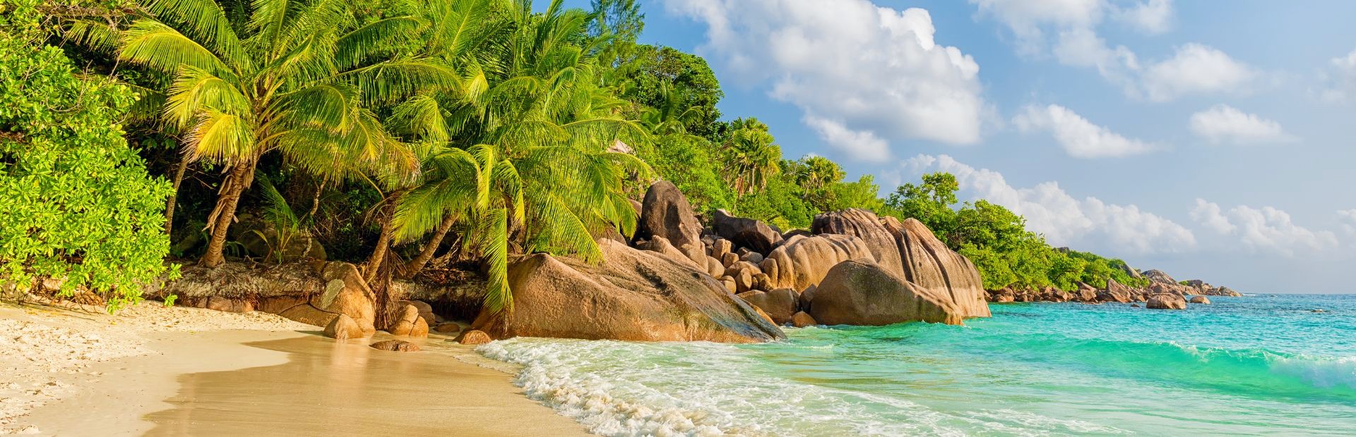 foto van stranden met rosten en palmbomen Praslin