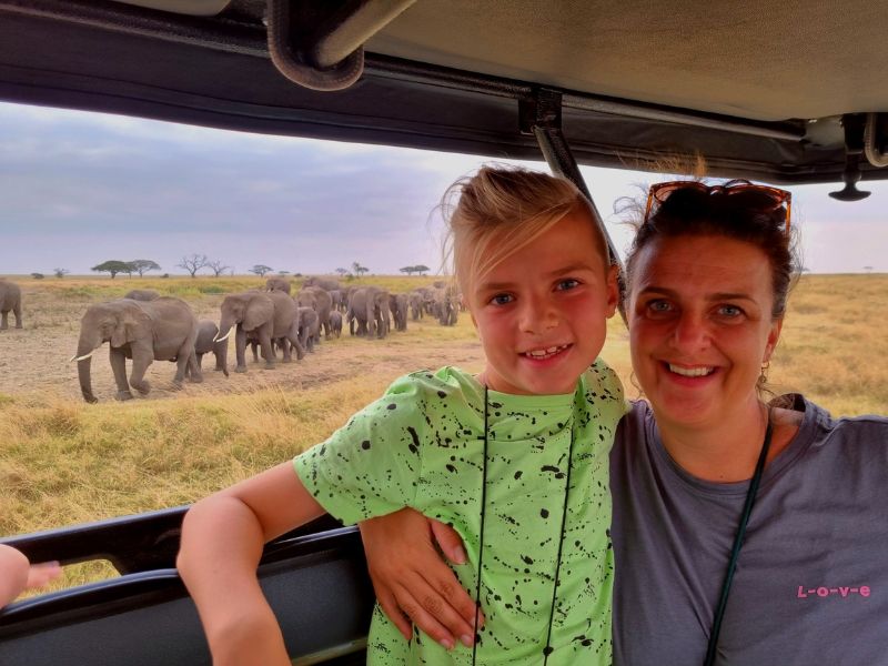 kind en moeder in jeep naast olifanten