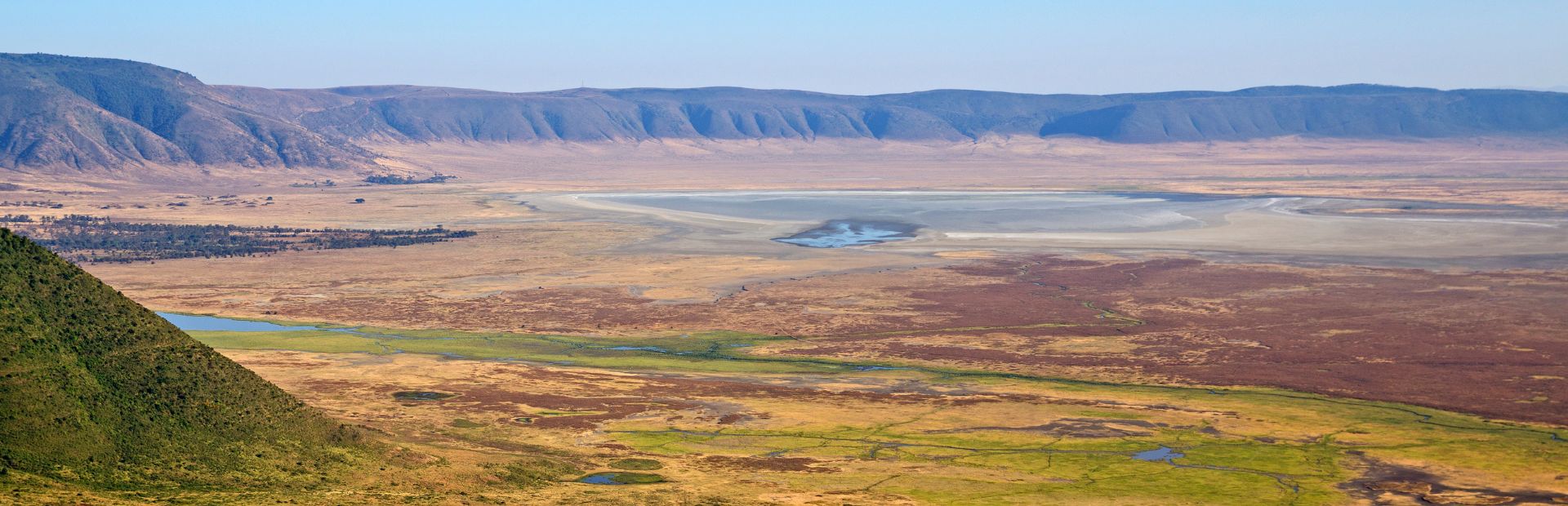 Overzichtfoto van de Ngorongor krater met buffels aan de zijkant