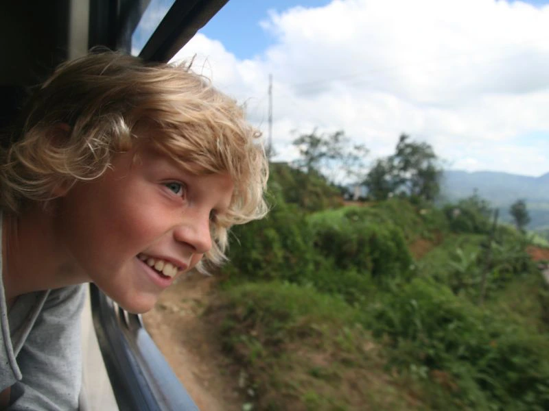 Enthousiaste jonge reiziger kijkt uit het raam van de trein.