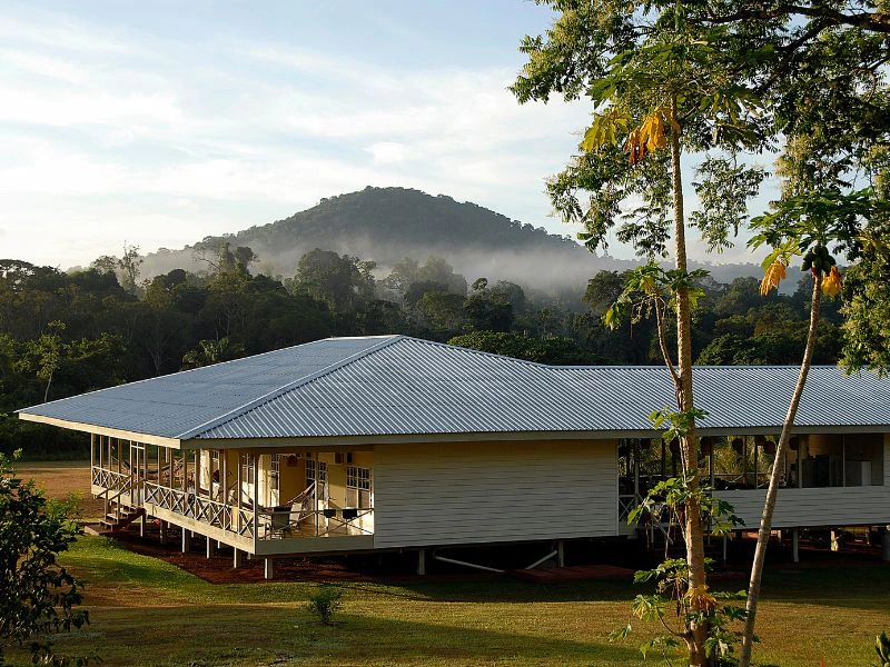 Accommodatie in Kabalebo met de Misty mountain op de achtergrond