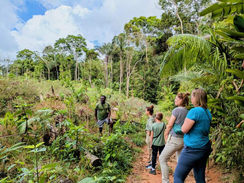 Reizgers met een gids tijdens de wandeltocht door de jungle