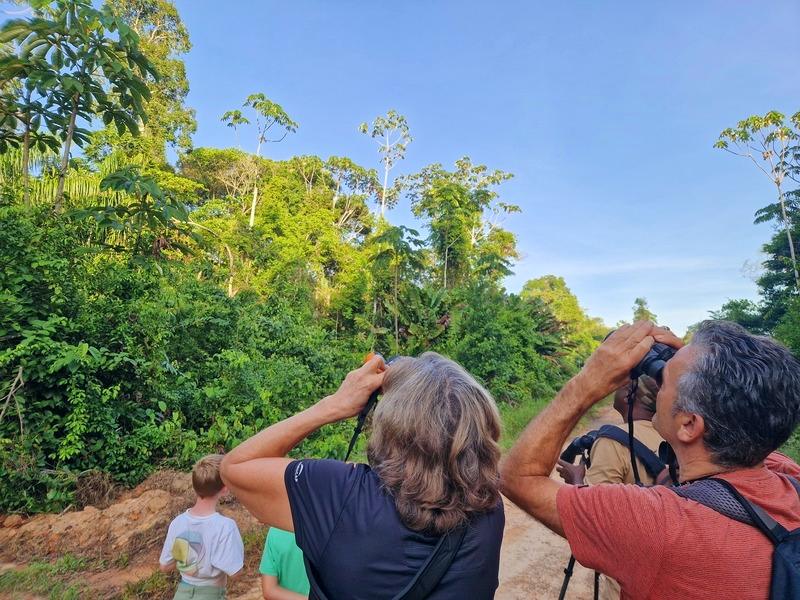 Reizigers opzoek naar bijzondere vogels aan de Saramaccakreek