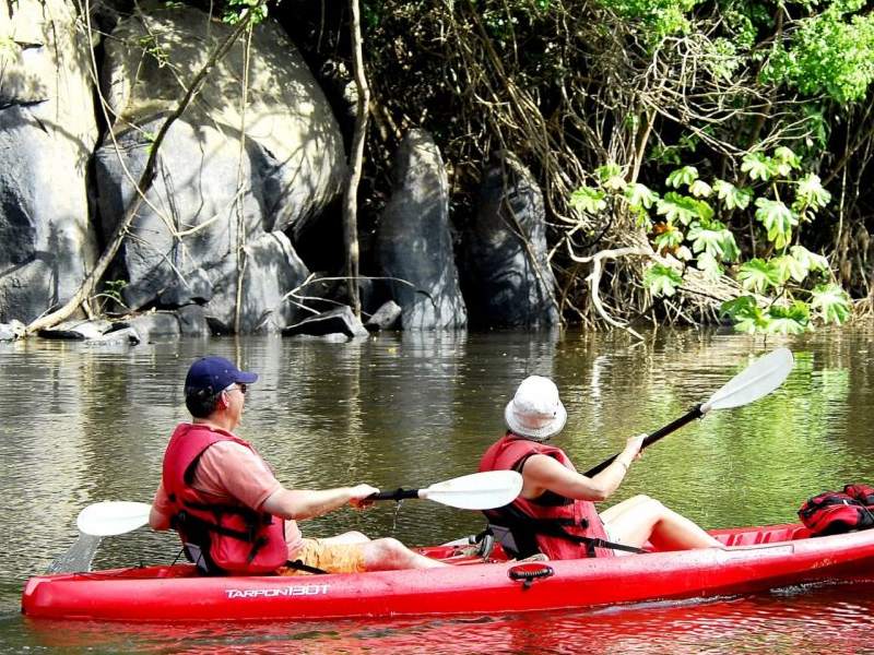 Reizigers aan het kajakken over de kabalebo rivier.