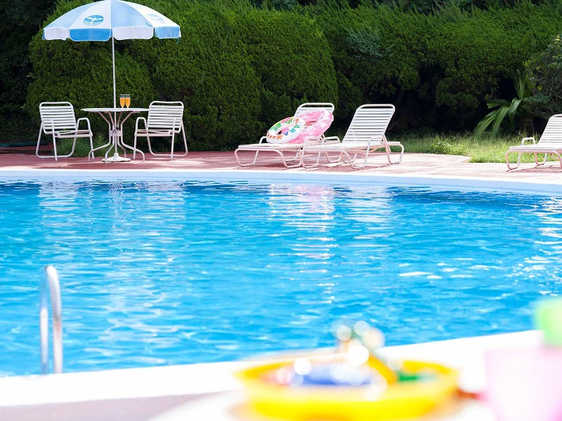 Zwembad van kleinschalig resort met ligbedden langs de rand. Op de achtergrond zie je groene struiken.