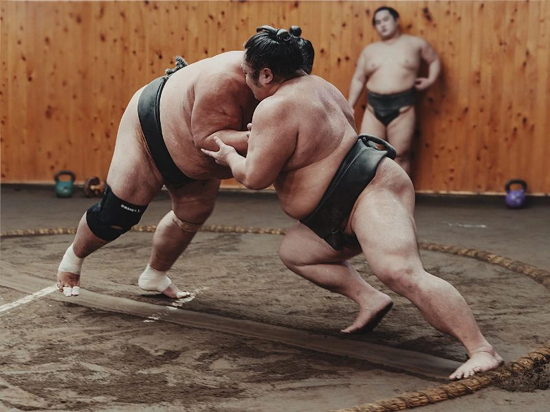 Twee Japanse sumoworstelaars met zwarte sumobroekjes aan en de linker een zwarte knieband die tegen elkaar aan duwen met hun armen en schouders. De ondergrond is van zand en ze staan in een cirkel die gemaakt is. Achter hen staan tegen een houten wand een andere sumoworstelaar te kijken.